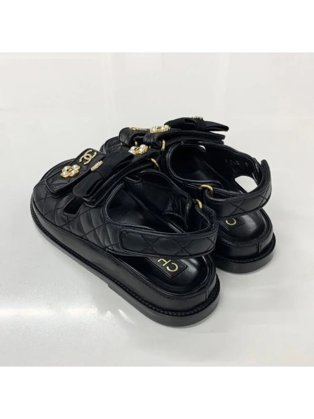 Chanel CC Logo Quilted Ribbon Leather Velcro Sandals
